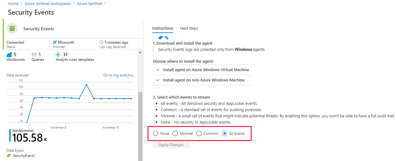 Screenshot of Security Events page in Microsoft Sentinel where you can select which events to stream.