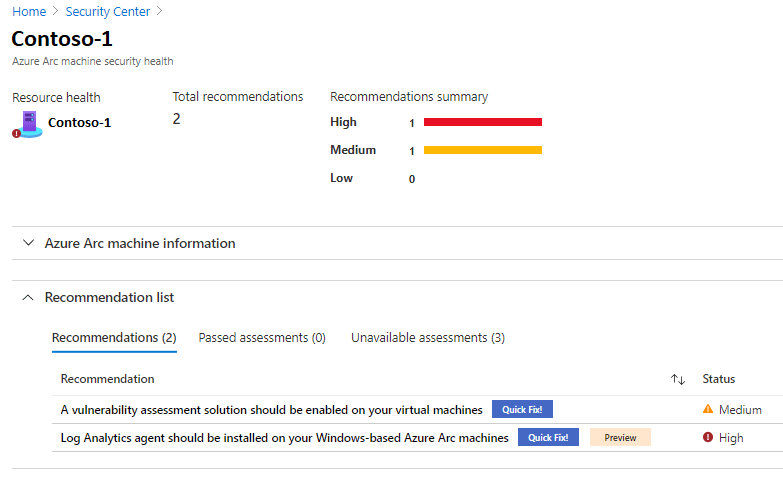 Screenshot showing the Microsoft Defender for Cloud security recommendations and assessments.