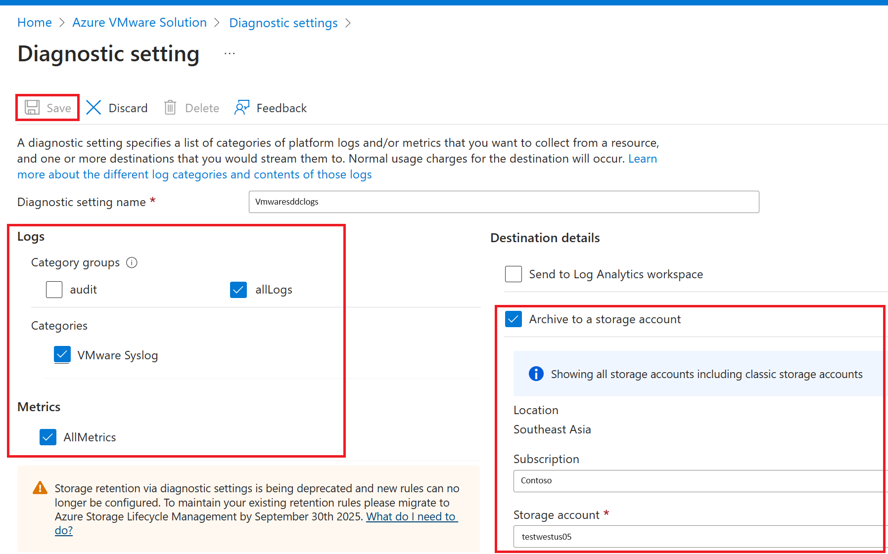 Screenshot showing the options to select for storing the syslogs.