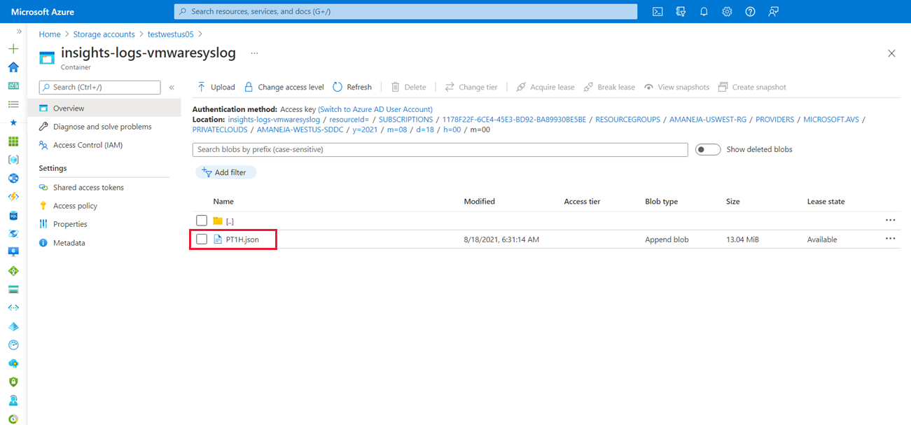 Screenshot showing the drill-down path to the json file.