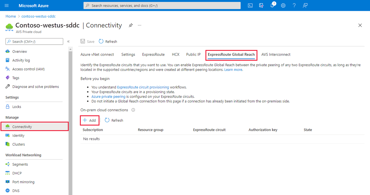 Screenshot of the ExpressRoute Global Reach tab in the Azure VMware Solution private cloud.