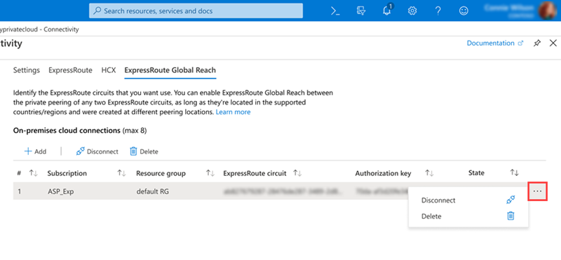 Screenshot showing how to disconnect or delete an on-premises connection in Azure VMware Solution interface.