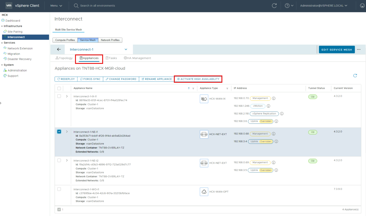 screenshot of the appliances tab with a list of appliances you can choose from to activate high availability.