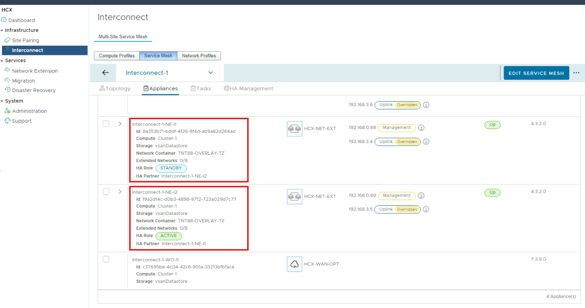 screenshot of the active and standby roles that are assigned to the local and remote appliances.