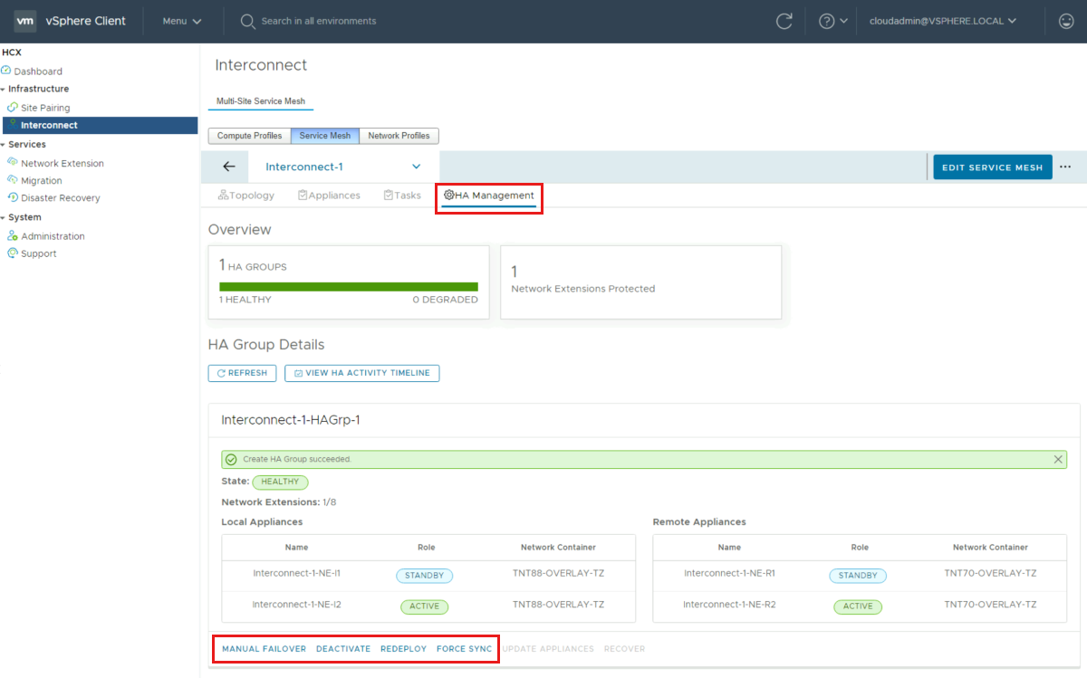 screenshot of the high availability management tab with high availability group details and available options.
