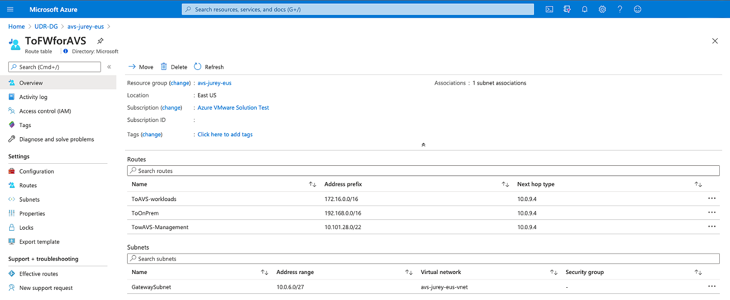 Screenshot that shows the set routes for specific networks on the corresponding route table.