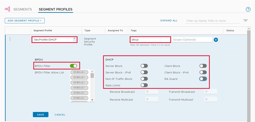 Screenshot showing the BPDU Filter toggled on and the DHCP toggles off.