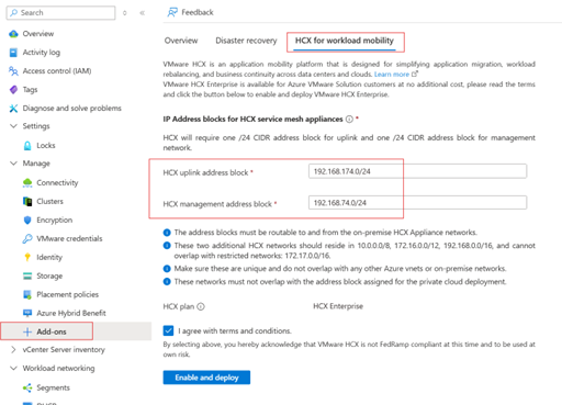 Screenshot showing how to install HCX add-on on an Azure VMware Solution in an Azure virtual network.