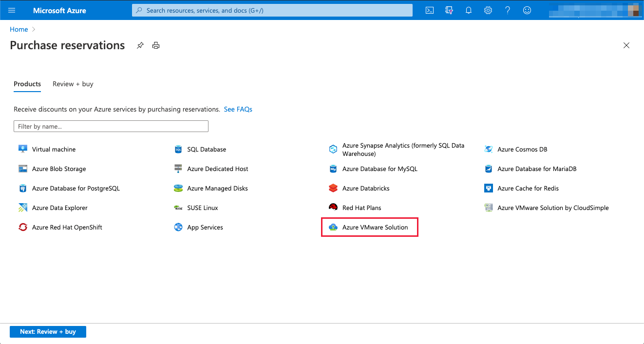 Screenshot that shows where to purchase Azure VMware Solution reservations in the Azure portal.