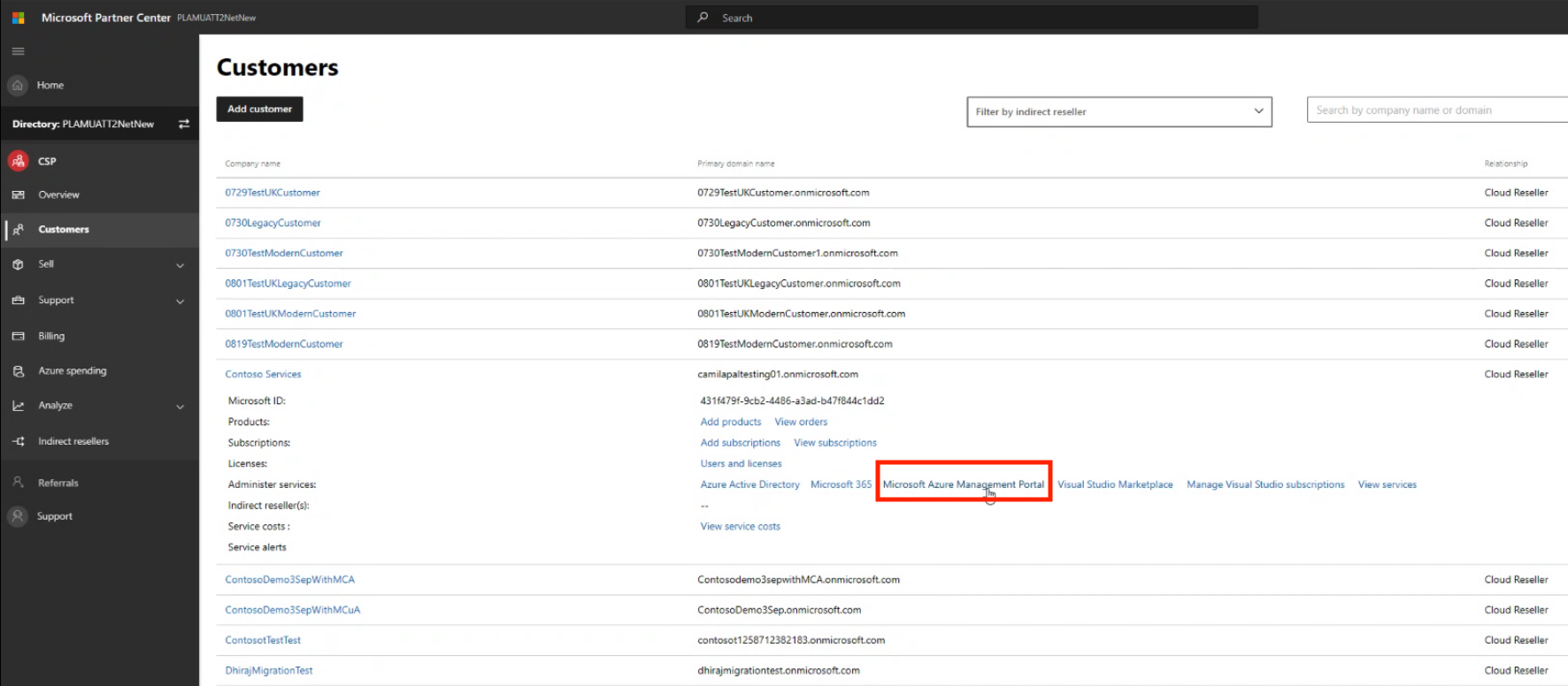 Screenshot that shows the Microsoft Partner Center customer area with Microsoft Azure Management Portal selected.