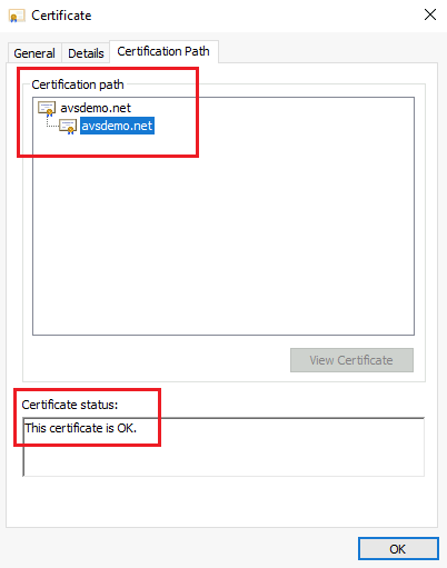 Screenshot that shows the certificate chain on the Certification Path tab.