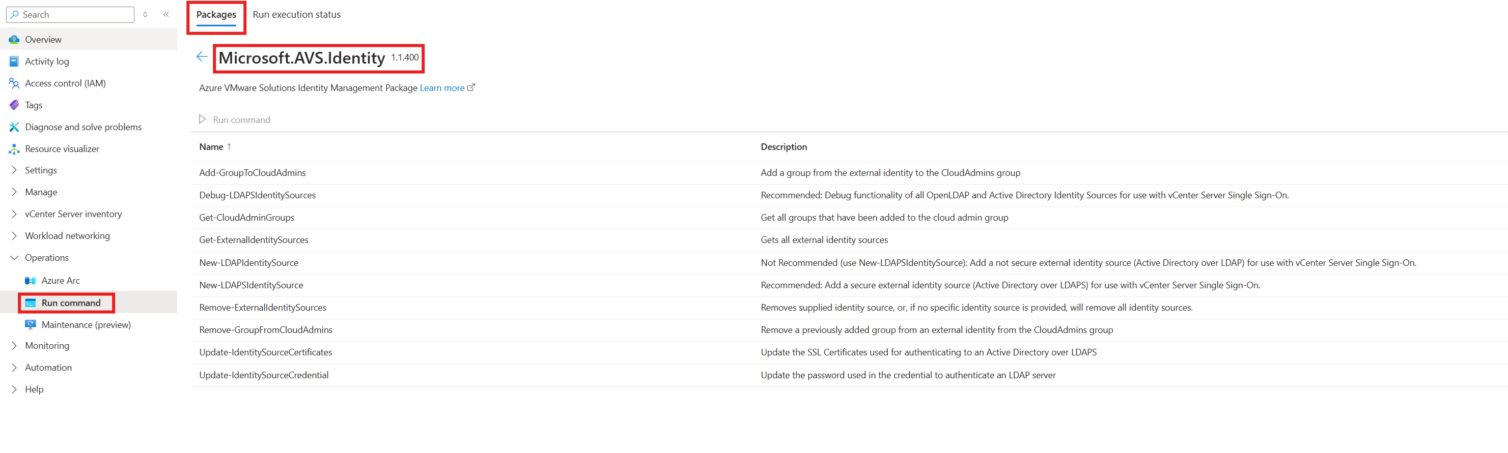 Screenshot that shows the Run command menu with available packages in the Azure portal.