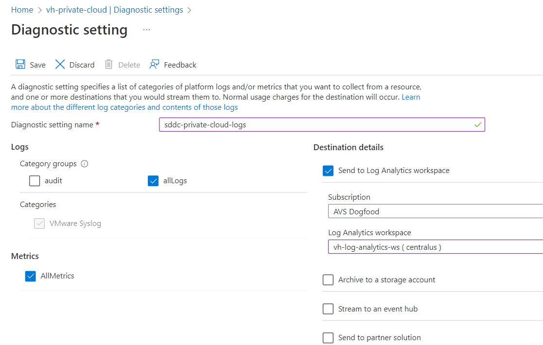 Screenshot of Diagnostics settings.