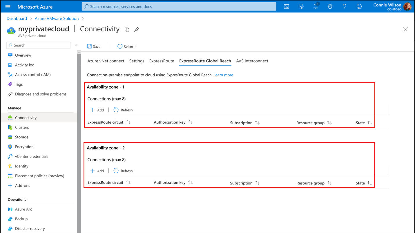Screenshot shows page to peer both availability zones to on-premises Express Route Global Reach.