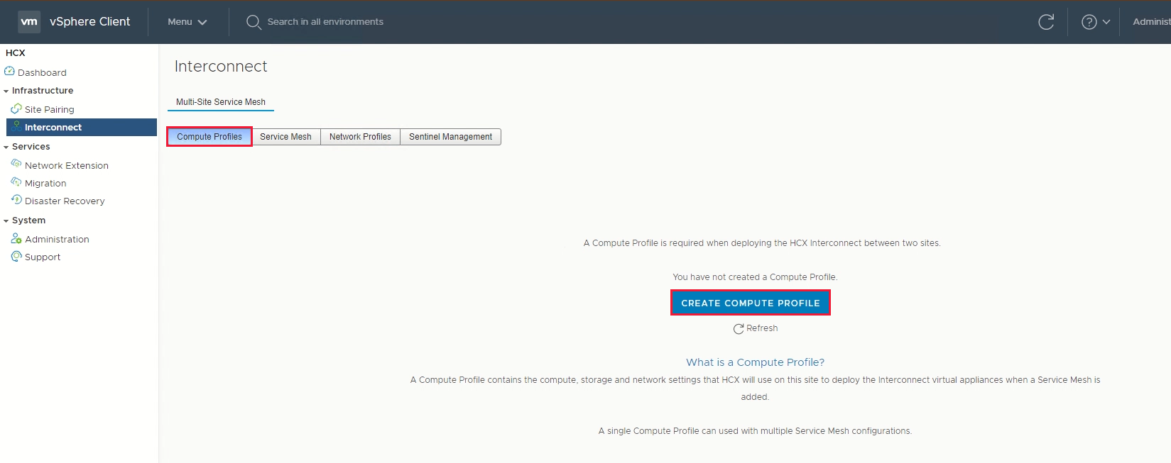 Screenshot displaying the options to begin creating a compute profile.