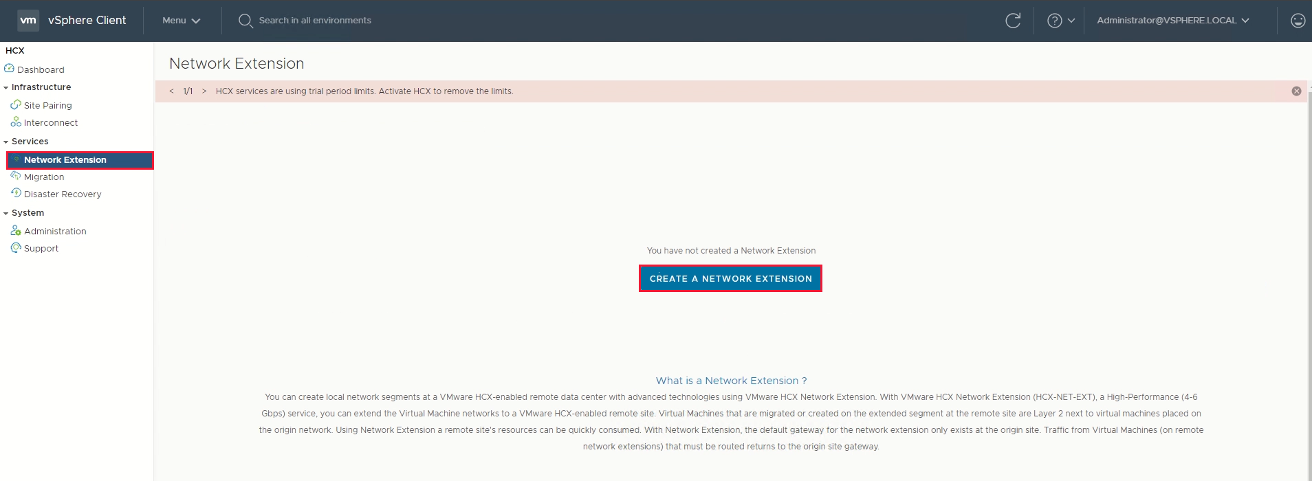 Screenshot that shows selections for starting to create a network extension.