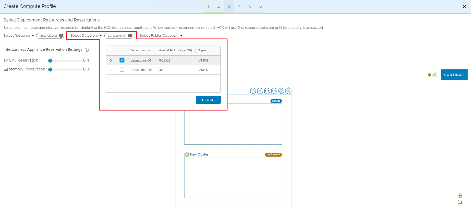 Screenshot displaying a selected data storage resource and the Continue button.