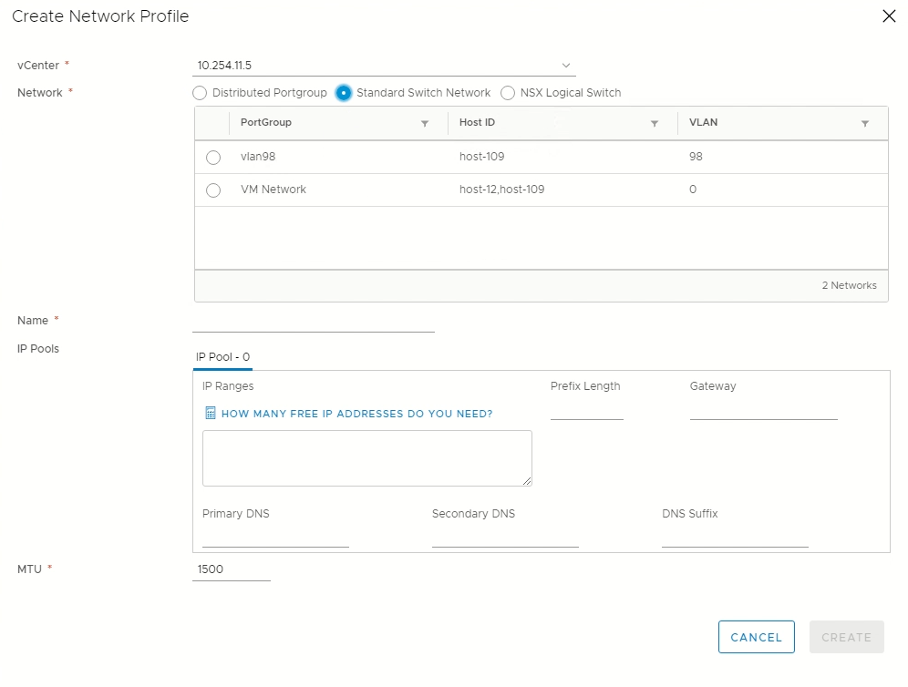 Screenshot displaying the details for creating a new network profile.