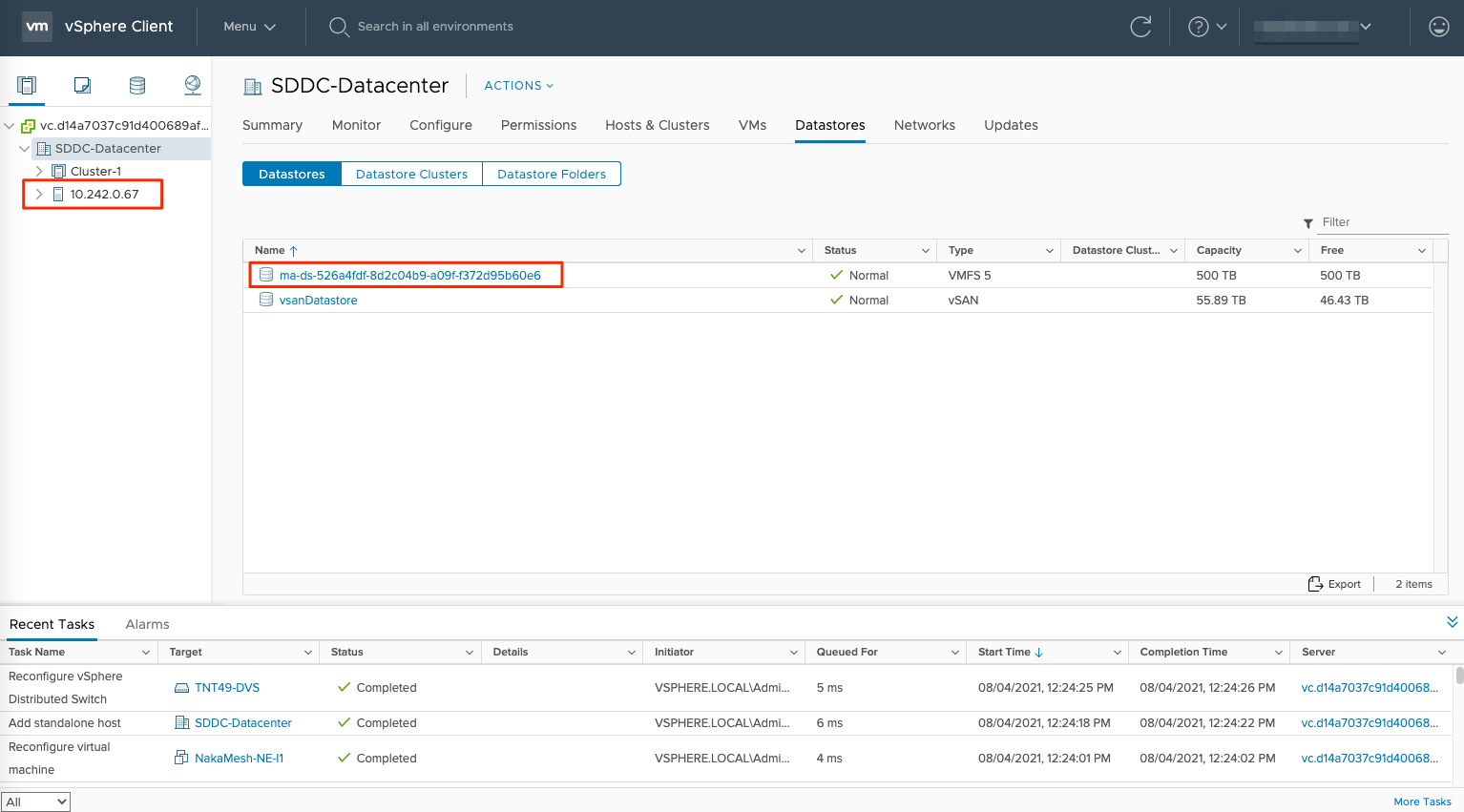 Screenshot displaying the HCX service mesh datastore and host.