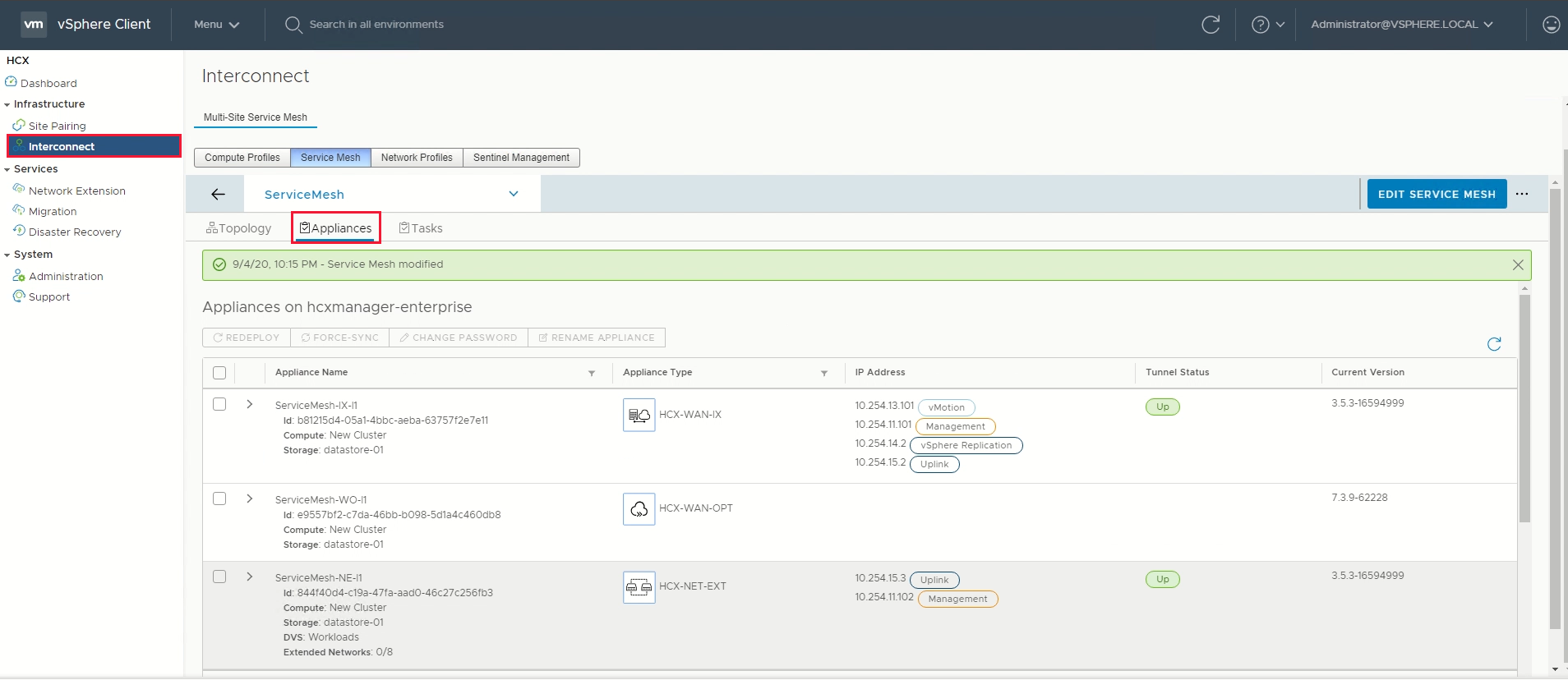 Screenshot displaying options to check the status of the appliance.