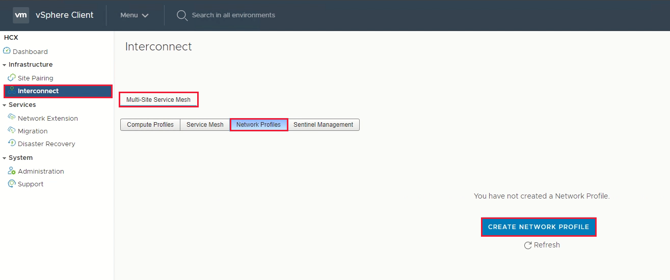 Screenshot showing where to create a network profile in the vSphere Client.