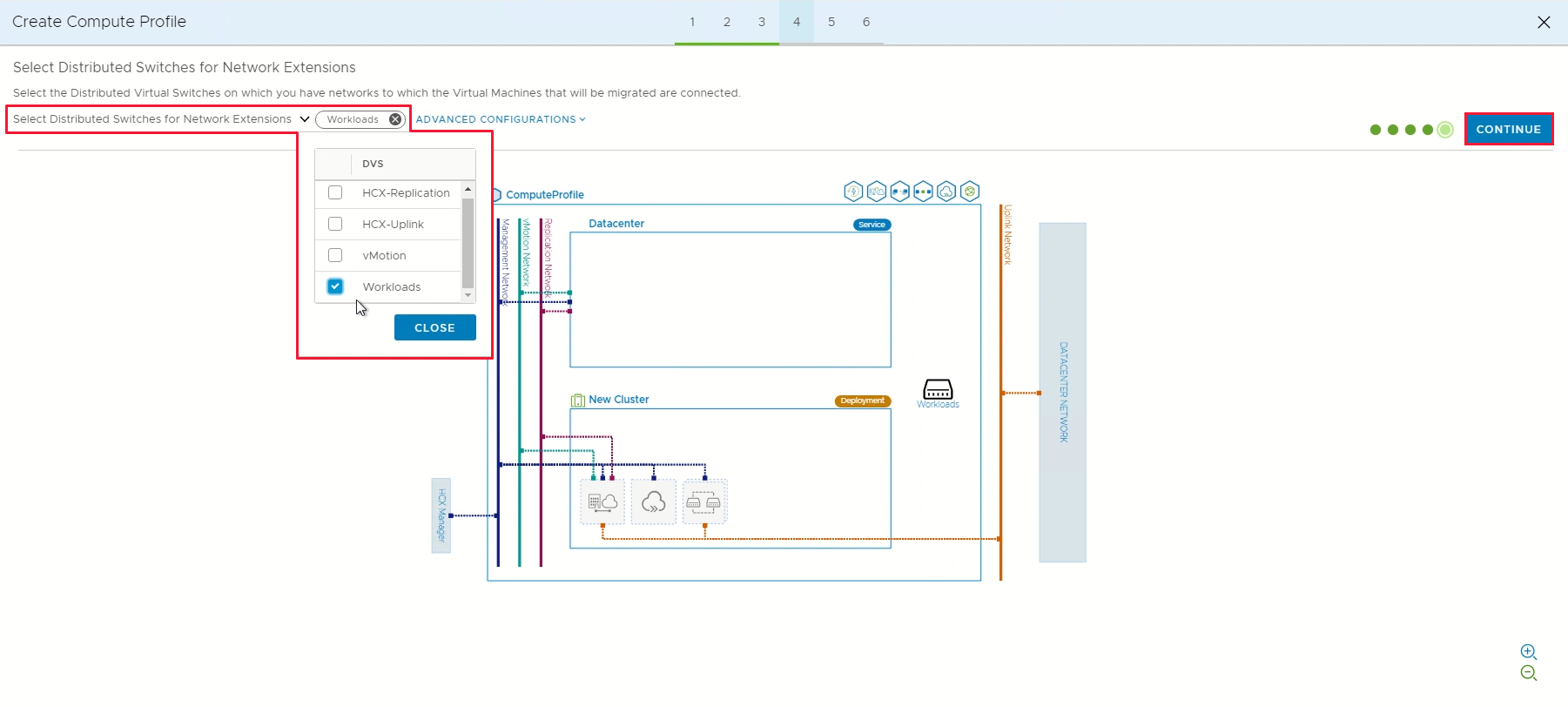 Screenshot displaying the selection of distributed virtual switches and the Continue button.