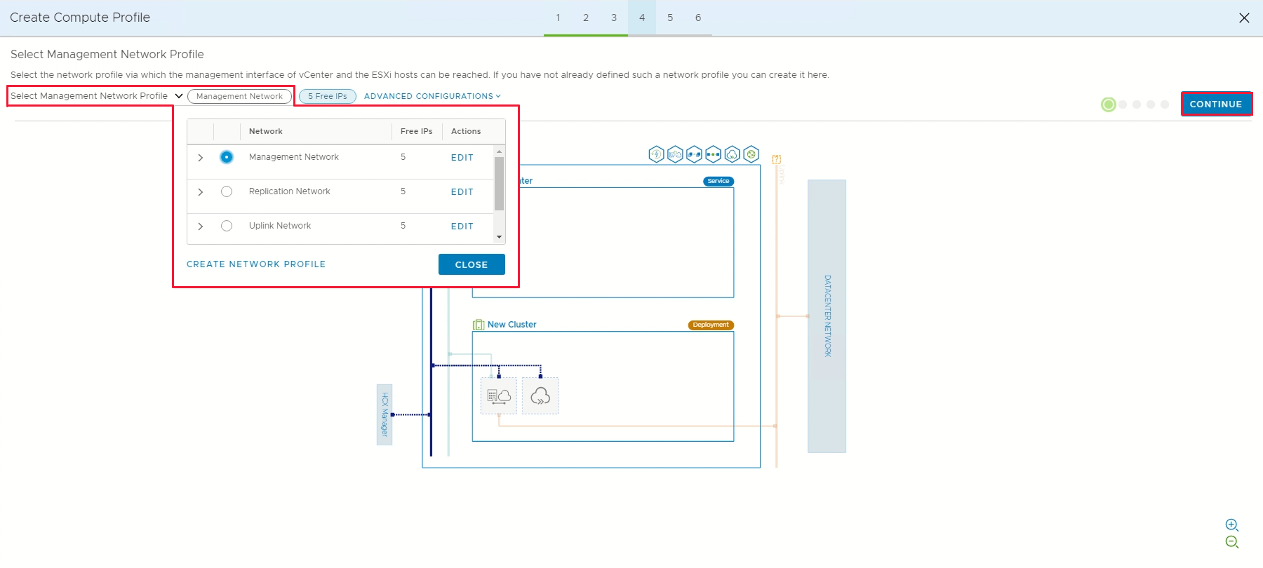 Screenshot displaying the selection of a management network profile and the Continue button.