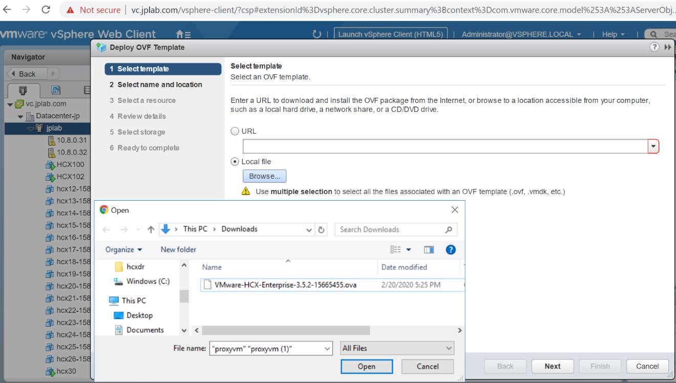 Screenshot of browsing to an OVF template.