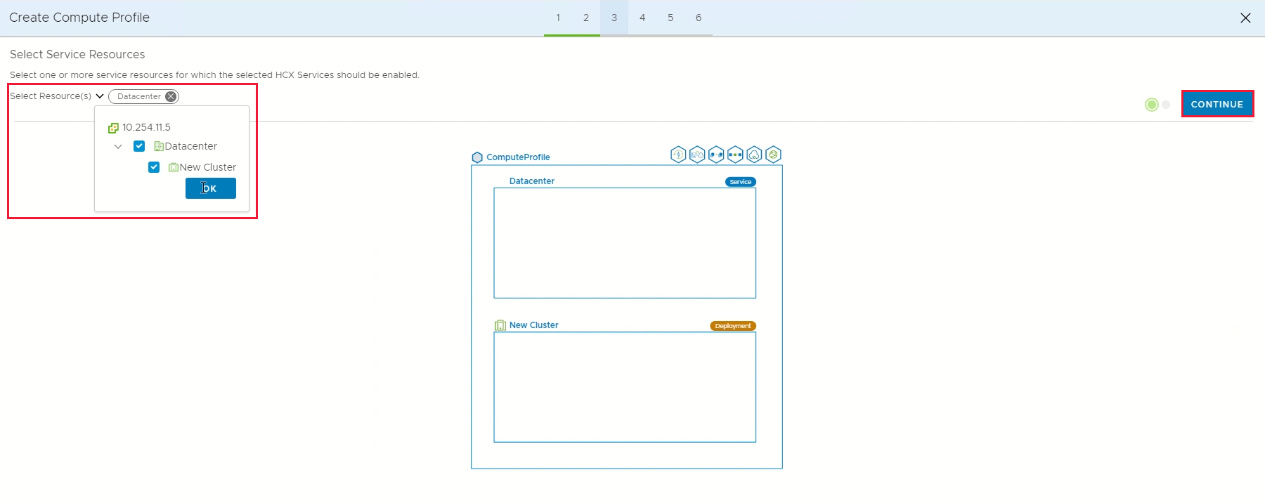 Screenshot displaying selected service resources and the Continue button.
