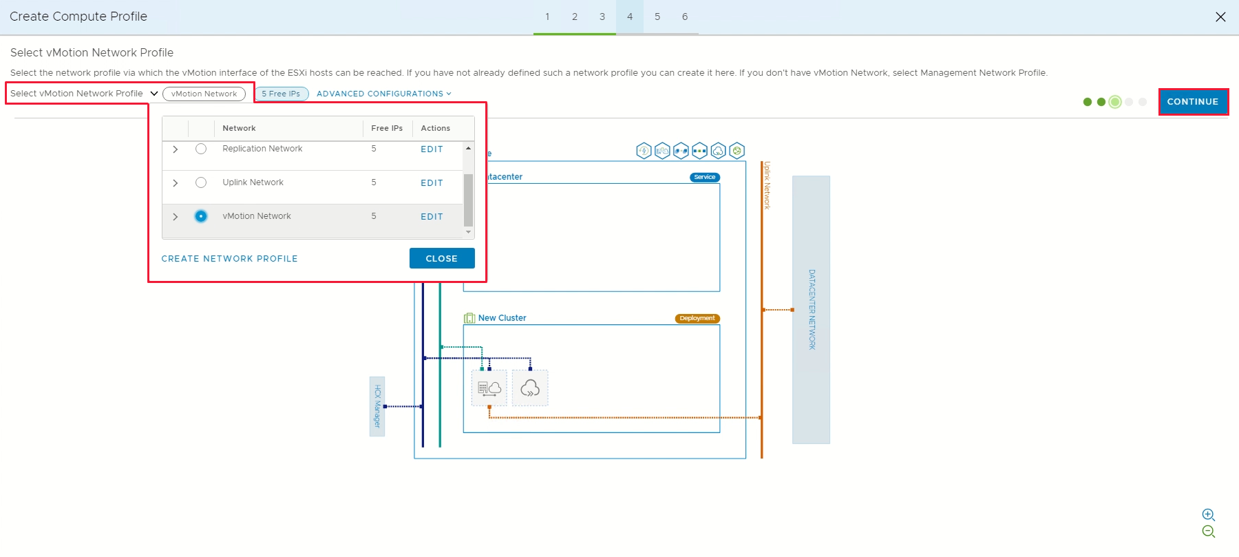 Screenshot displaying the selection of a vMotion network profile and the Continue button.