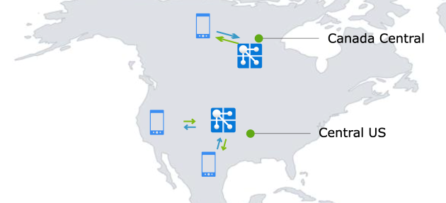 Multiple Web PubSub Example Diagram of using two Azure Web PubSub instances to handle traffic from two countries.
