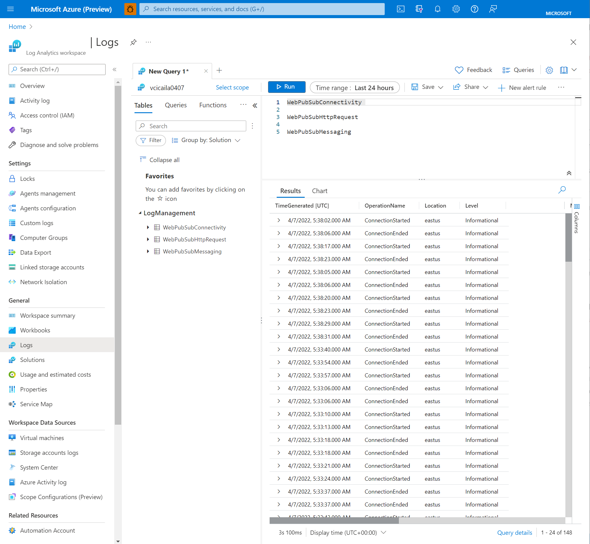Screenshot showing query log in Log Analytics.