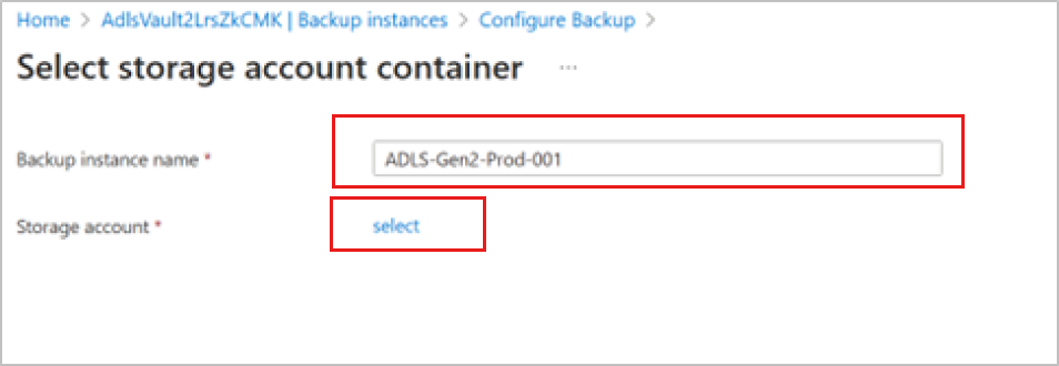Screenshot shows how to provide the backup instance name.