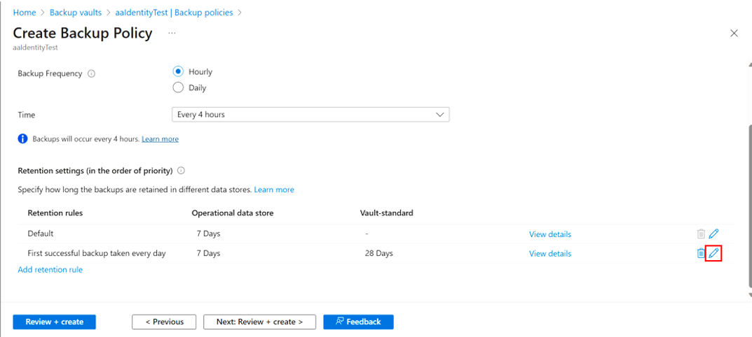 Screenshot shows how to edit the retention duration of the AKS backups.