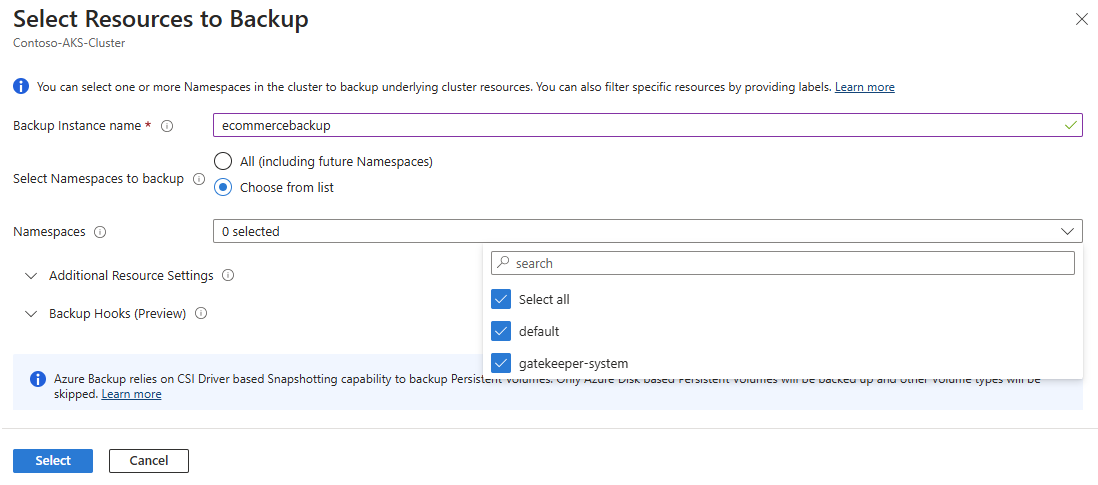 Screenshot that shows how to select namespaces to include in the backup.
