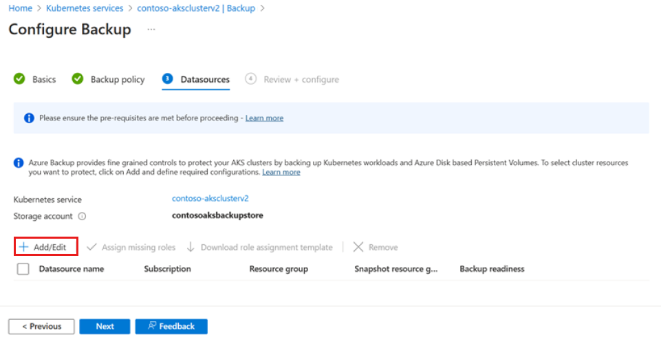 Screenshot that shows the Add/Edit option on the Datasources tab.