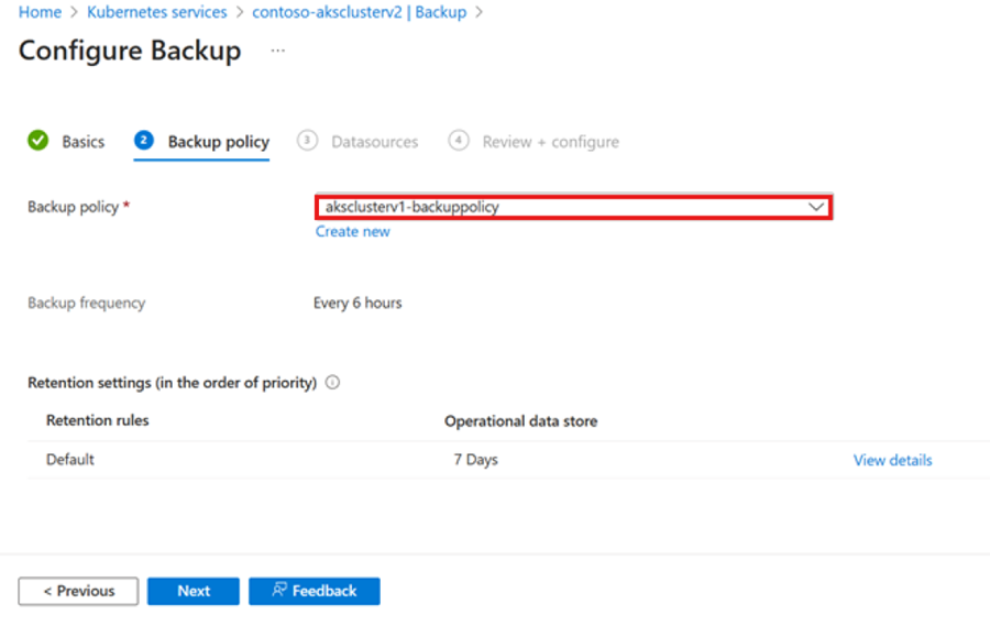 Screenshot that shows the Backup policy tab.