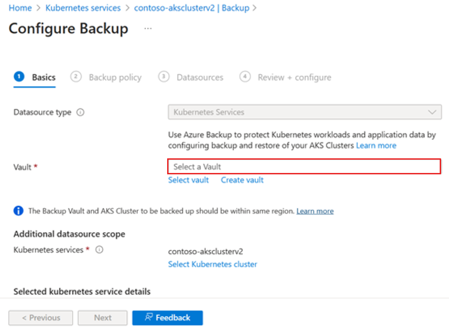 Screenshot that shows the Configure Backup page.