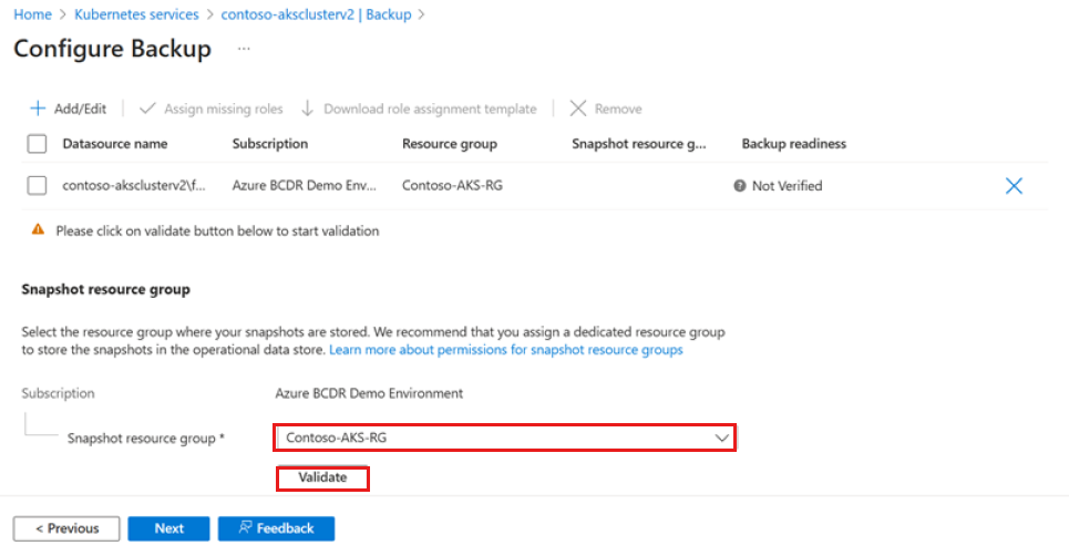 Screenshot that shows the Snapshot resource group dropdown.