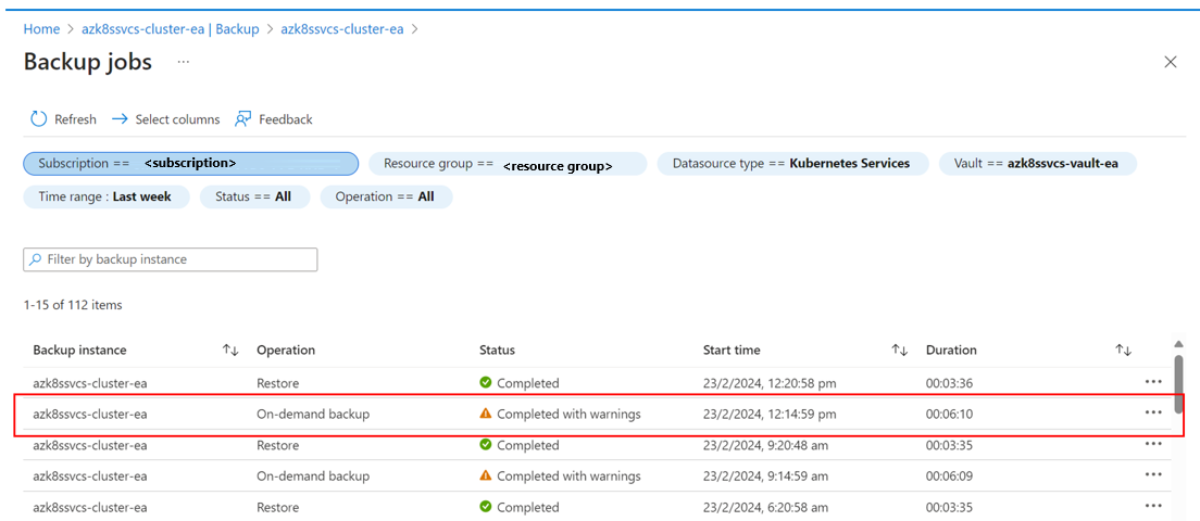 Screenshot shows the backup and restore jobs completed with warnings.