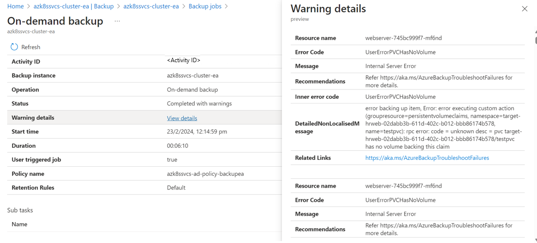 Screenshot shows the job warming details.