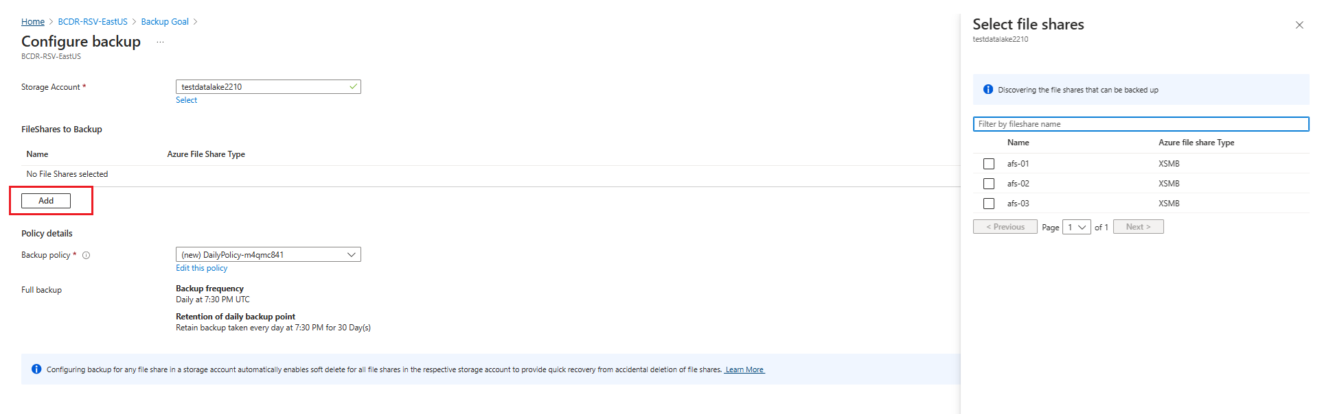 Screenshot showing to select the file shares to back up.