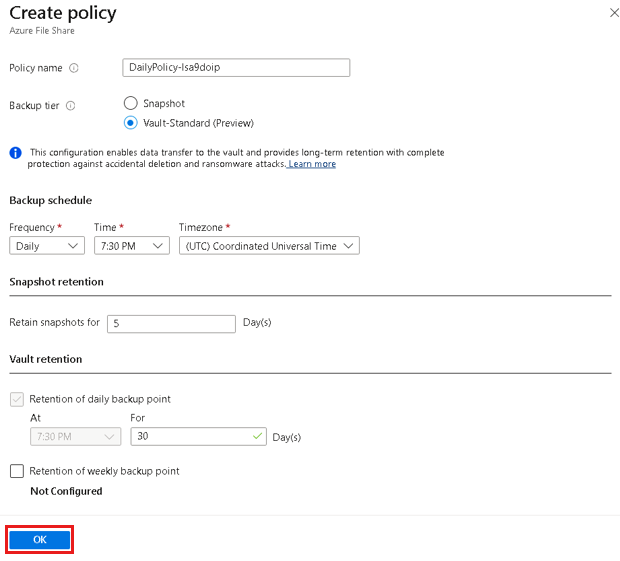 Screenshot shows how to create a new backup policy for Azure Files.