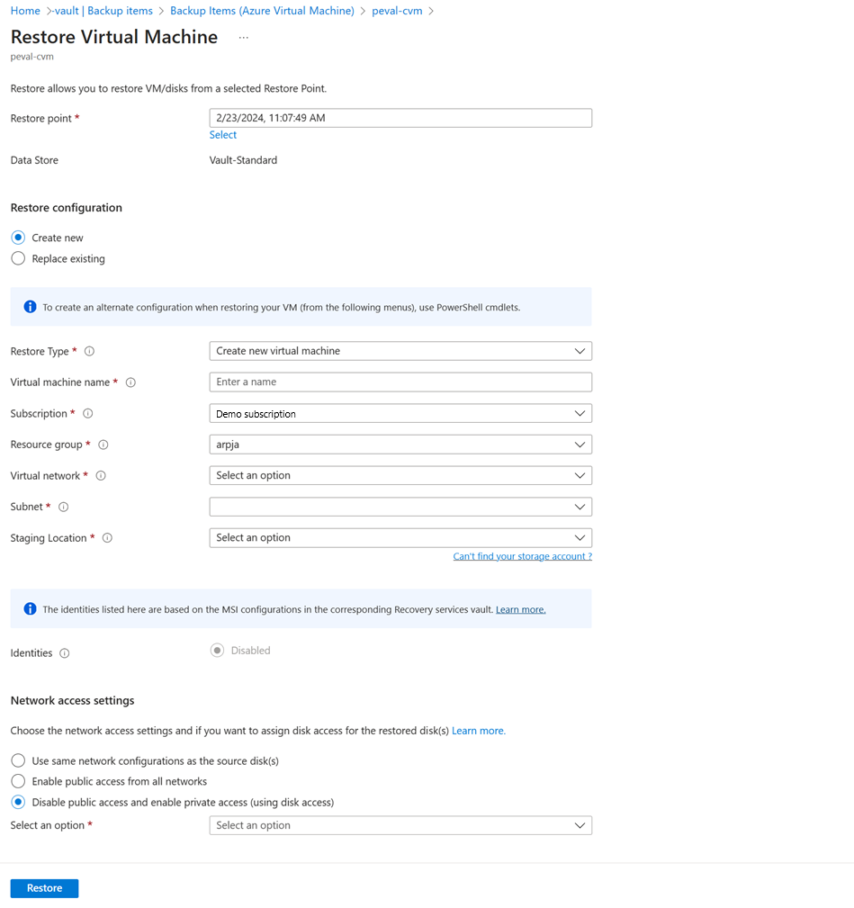 Screenshot shows the access configuration options for restored disks.