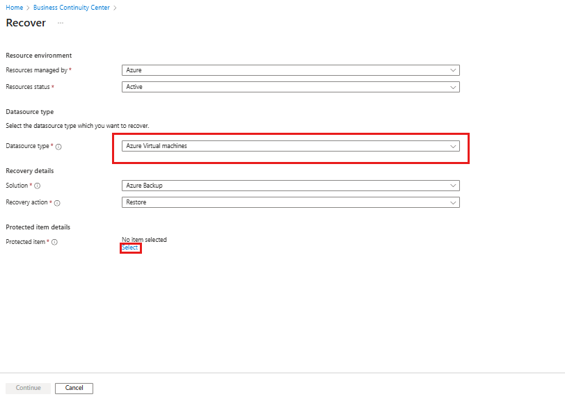 Screenshot shows the selection of datasource type.