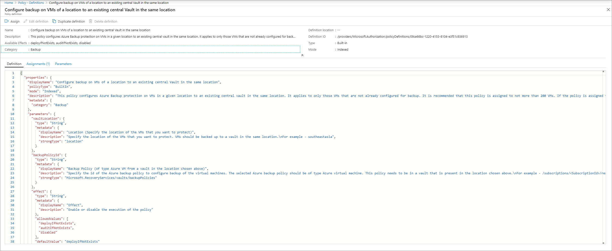 Screenshot shows the Policy Definition pane.