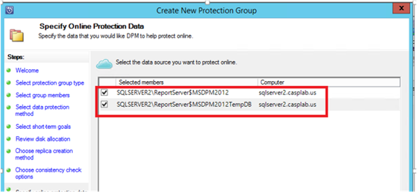 Screenshot show how to select data sources to protect in Azure.