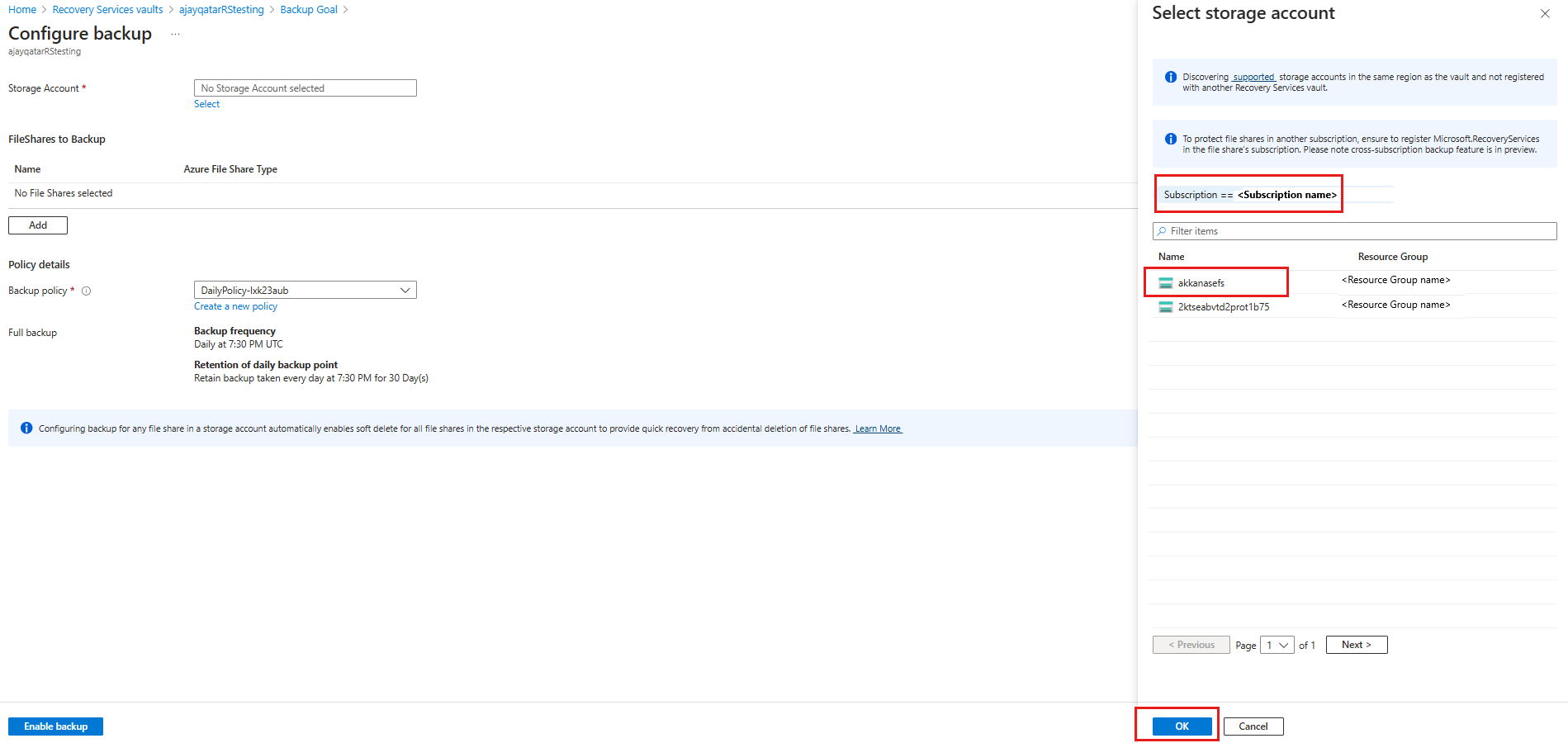 Screenshot showing to select one of the discovered storage accounts.