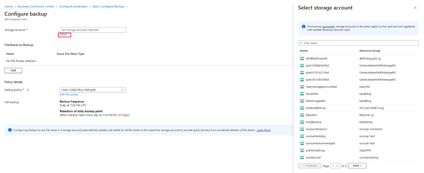 Screenshot showing to select a storage account.
