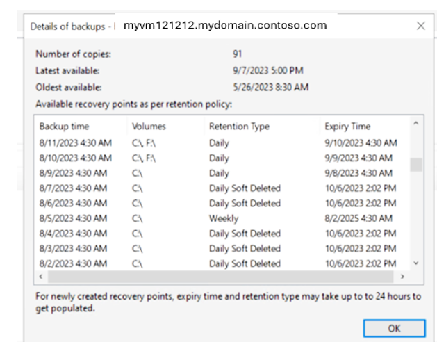 Screenshot shows how to list recovery points for a data source.